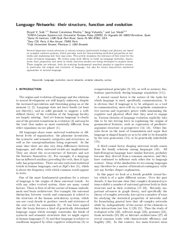 (PDF) Language Networks: Their Structure, Function And Evolution