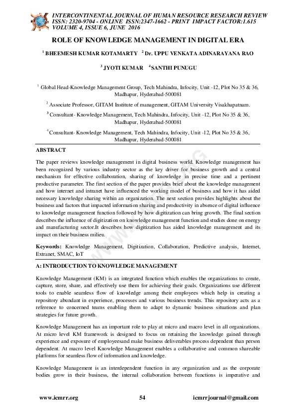 (PDF) Role of Knowledge Management in Digital Era