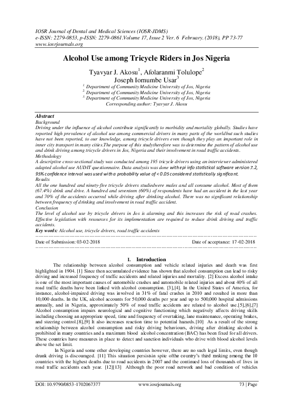 (PDF) Alcohol Use among Tricycle Riders in Jos Nigeria Tyavyar Akosu