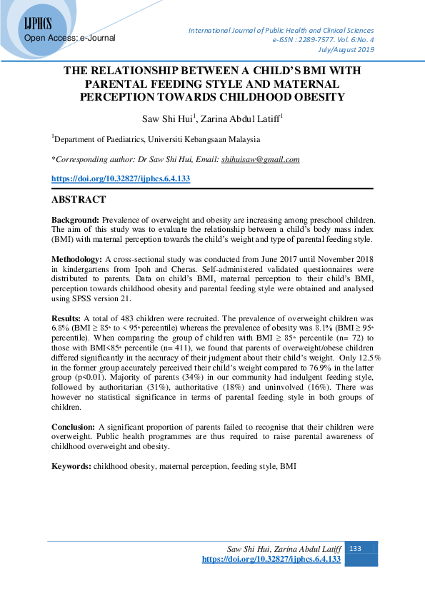 (PDF) The Relationship Between a Child’s Bmi with Parental Feeding ...