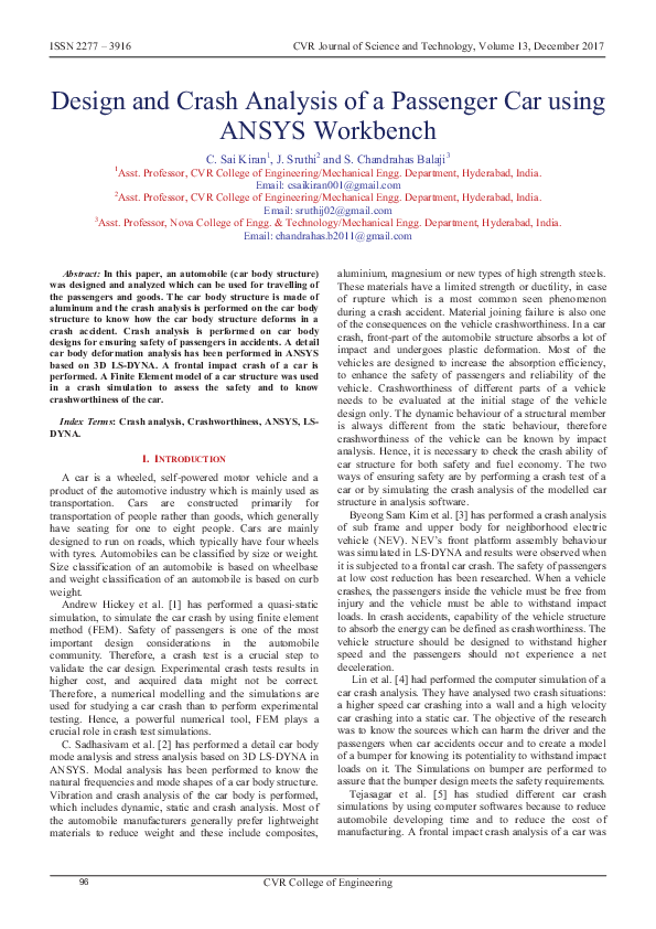 (PDF) Design and Crash Analysis of a Passenger Car using ANSYS Workbench