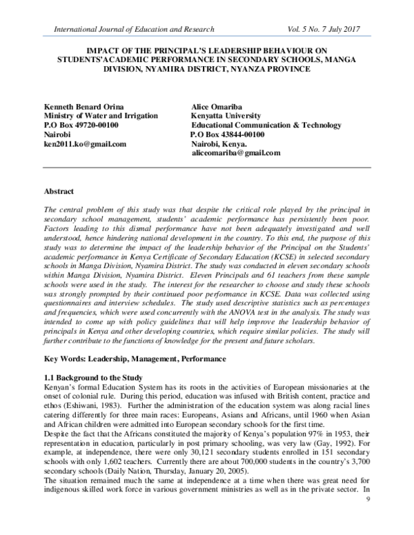 (PDF) Impact of the Principal’s Leadership Behaviour on Students ...