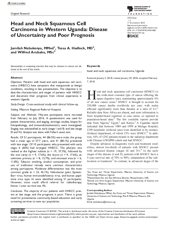 (PDF) Head and Neck Squamous Cell Carcinoma in Western Uganda: Disease ...