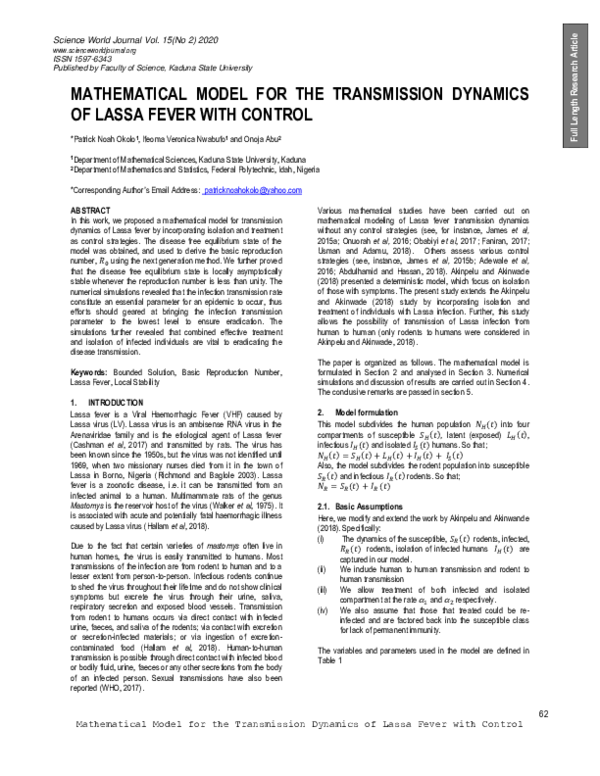 (PDF) Mathematical Model for the Transmission Dynamics of Lassa Fever ...