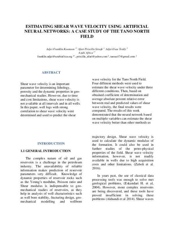 (PDF) Predicting of shear wave velocity using Artificial Neural Networks