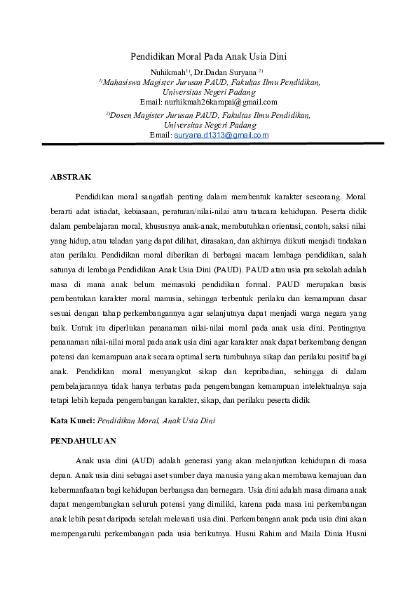 (DOC) Pendidikan Moral Pada Anak Usia Dini | nur hikmah - Academia.edu