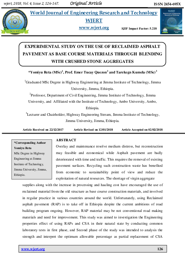 (PDF) EXPERIMENTAL STUDY ON THE USE OF RECLAIMED ASPHALT PAVEMENT AS ...