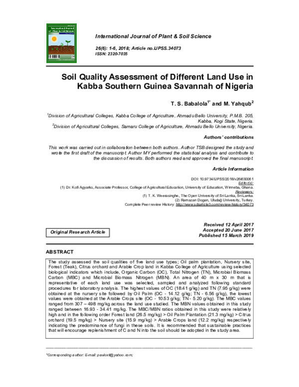 (PDF) Soil Quality Assessment of Different Land Use in Kabba Southern ...
