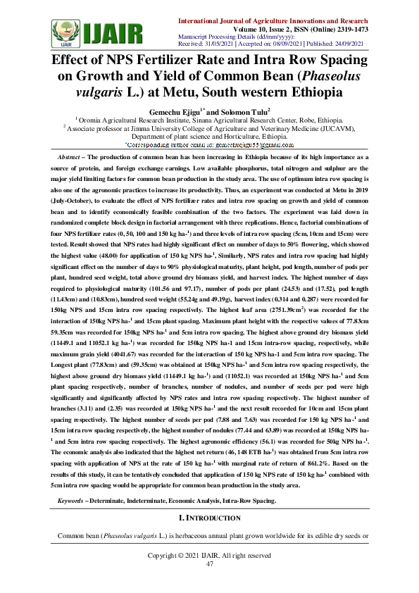 (PDF) Effect of NPS Fertilizer Rate and Intra Row Spacing on Growth and ...