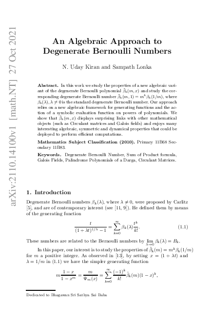 (PDF) An Algebraic Approach to Degenerate Bernoulli Numbers