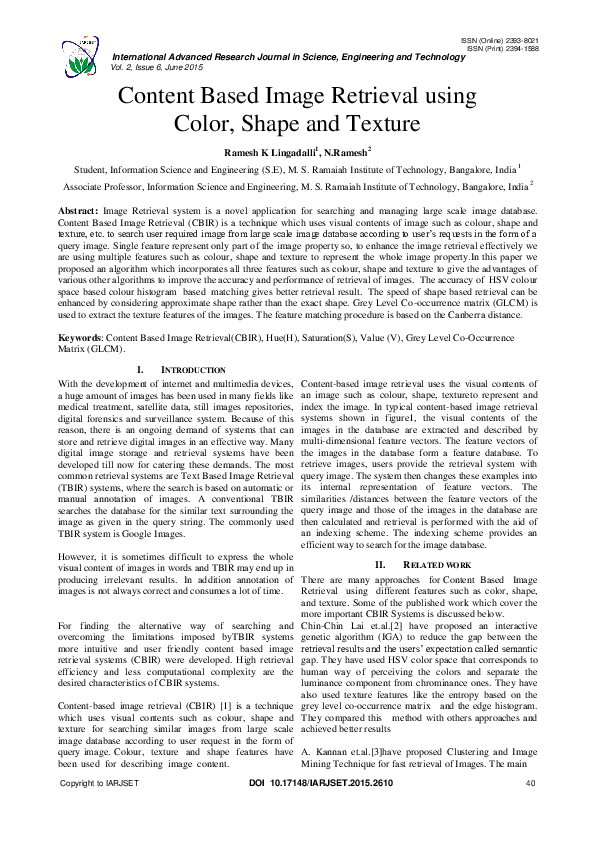 (PDF) Content Based Image Retrieval using Color, Shape and Texture
