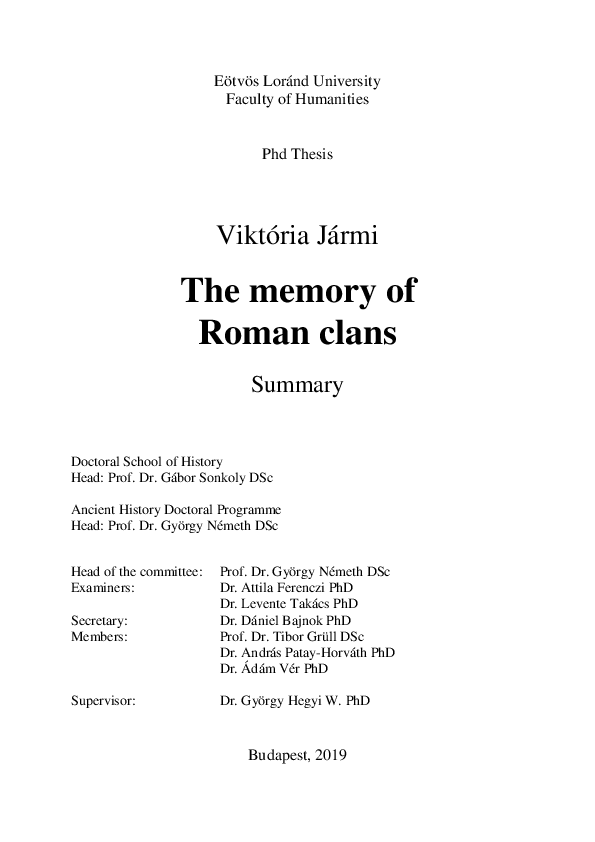 (PDF) Viktória Jármi The memory of Roman clans Summary