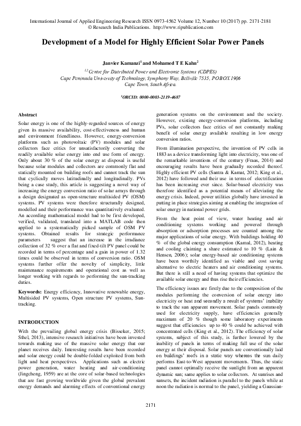 (PDF) Development of a Model for Highly Efficient Solar Power Panels