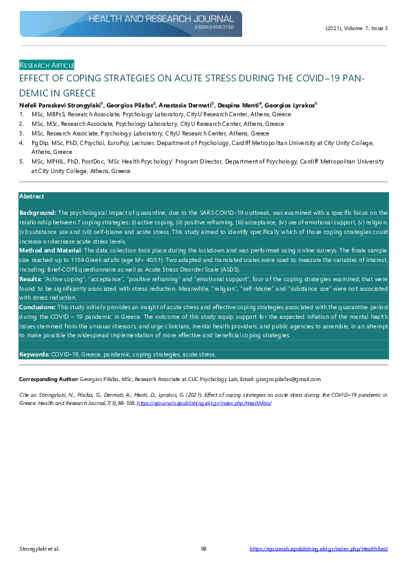 (PDF) Effect of coping strategies on acute stress during the COVID–19 ...
