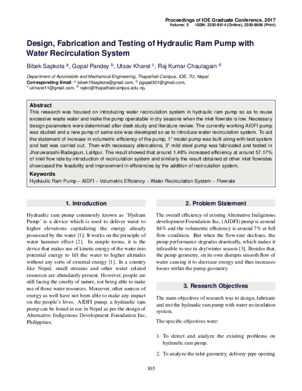 (PDF) Design , Fabrication and Testing of Hydraulic Ram Pump with Water