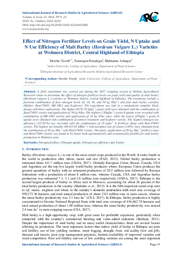 (PDF) Effect of Nitrogen Fertilizer Levels on Grain Yield, N Uptake and ...
