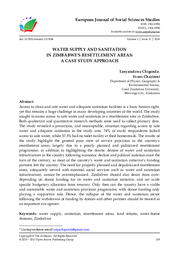 (PDF) Water Supply and Sanitation in Zimbabwe’s Resettlement Areas A