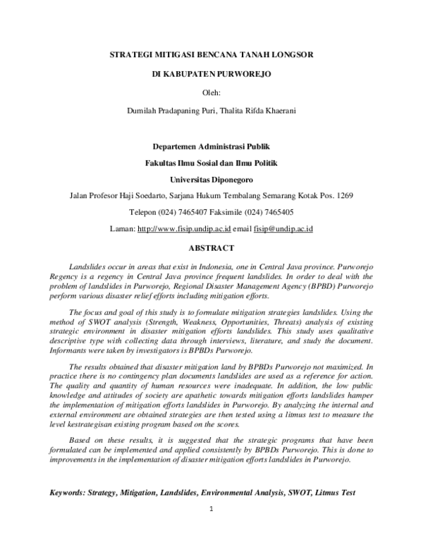 (PDF) Strategi Mitigasi Bencana Tanah Longsor DI Kabupaten Purworejo