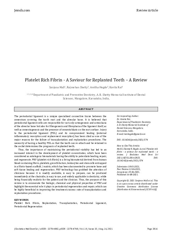 (PDF) Platelet Rich Fibrin - A Saviour for Replanted Teeth – A Review