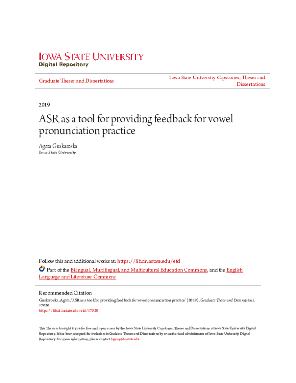 (PDF) ASR as a tool for providing feedback for vowel pronunciation practice