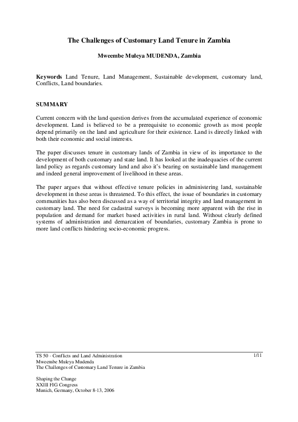(PDF) The challenges of customary land tenure in Zambia Mweembe