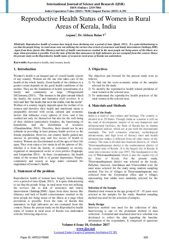 (PDF) Reproductive Health Status of Women in Rural Areas of Kerala, India