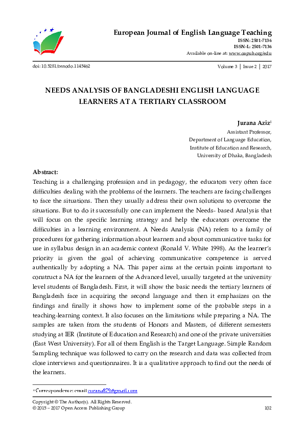 (PDF) Needs Analysis of Bangladeshi English Language Learners at a ...