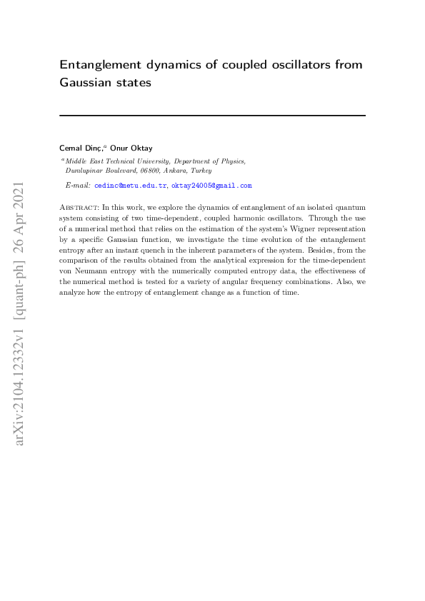 (PDF) Entanglement dynamics of coupled oscillators from Gaussian states
