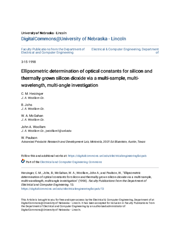 (PDF) Ellipsometric determination of optical constants for silicon and ...