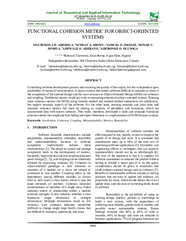 (PDF) Functional Cohesion Metric for Object-Oriented Systems 1