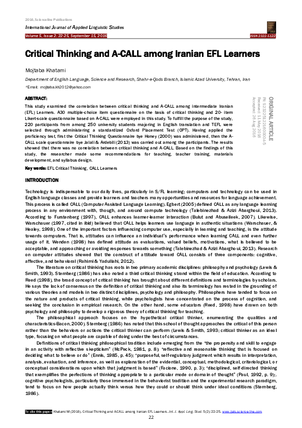 (PDF) Critical Thinking and A-CALL among Iranian EFL Learners