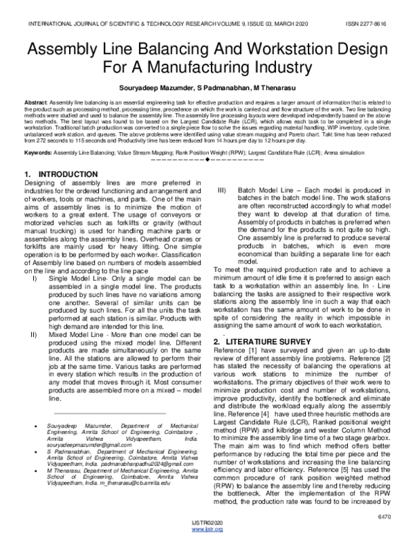 (PDF) Assembly Line Balancing And Workstation Design For A ...