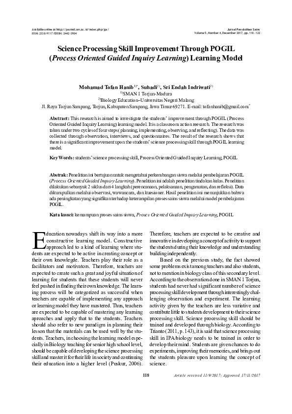 (PDF) Science Processing Skill Improvement Through POGIL (Process ...