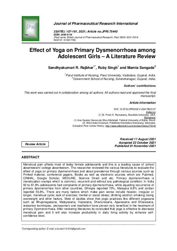 (PDF) Effect of Yoga on Primary Dysmenorrhoea among Adolescent Girls ...