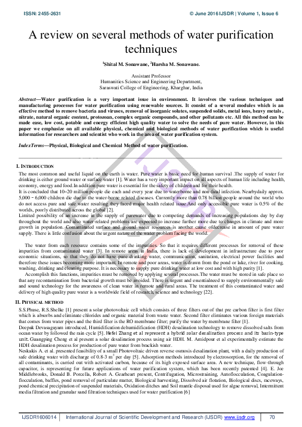 (PDF) A review on several methods of water purification techniques