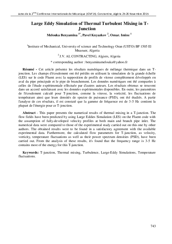 (PDF) Large Eddy Simulation of Thermal Turbulent Mixing in T-Junction