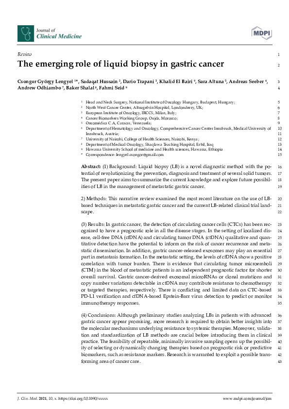 (PDF) The emerging role of liquid biopsy in gastric cancer
