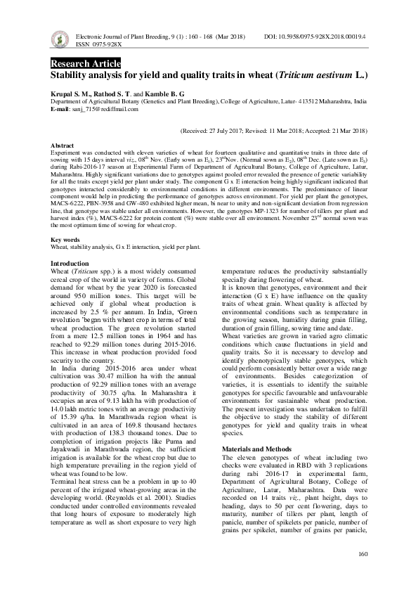 (PDF) Stability analysis for yield and quality traits in wheat ...