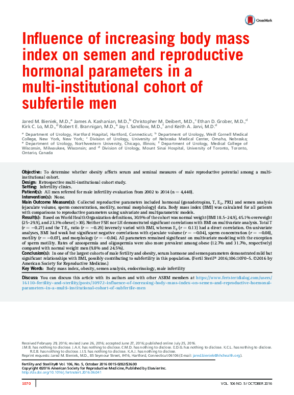 (PDF) Influence of increasing body mass index on semen and reproductive ...