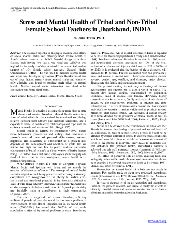 (PDF) Stress and Mental Health of Tribal and Non-Tribal Female School ...