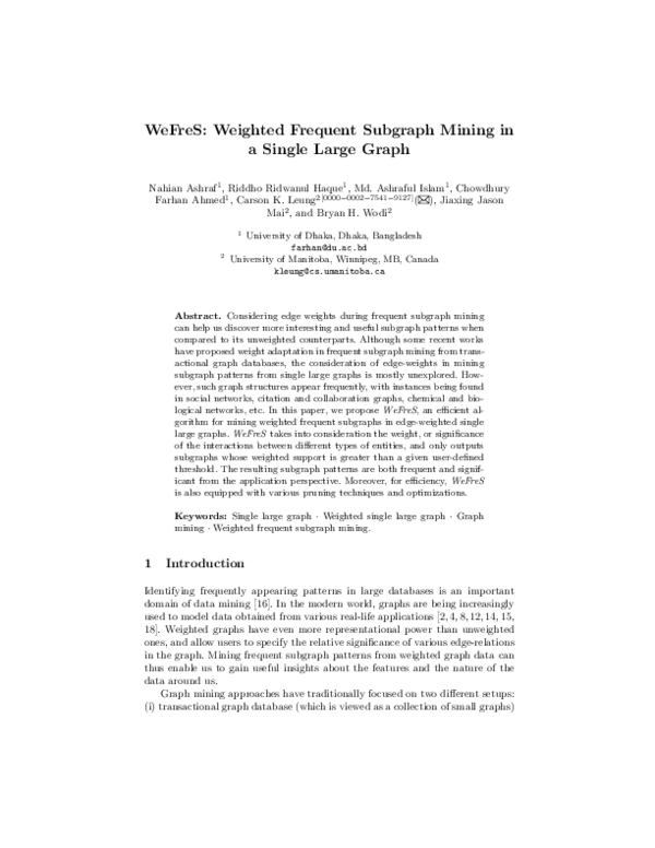 (PDF) WeFreS: weighted frequent subgraph mining in a single large graph