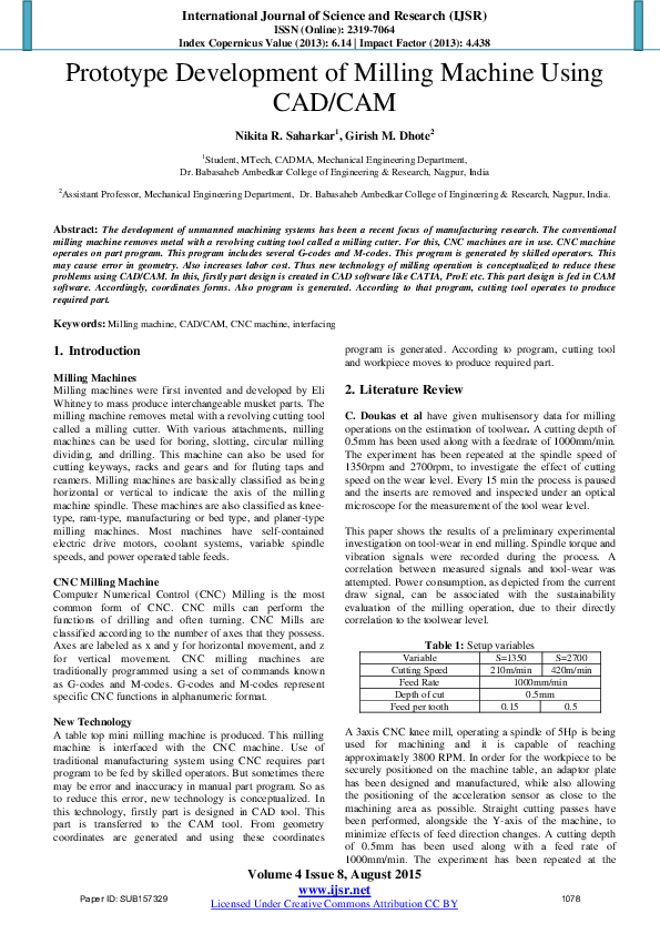 (PDF) Prototype Development of Milling Machine Using CAD/CAM