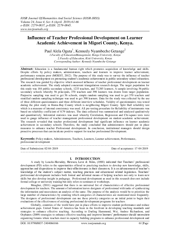 (PDF) Influence of Teacher Professional Development on Learner Academic ...
