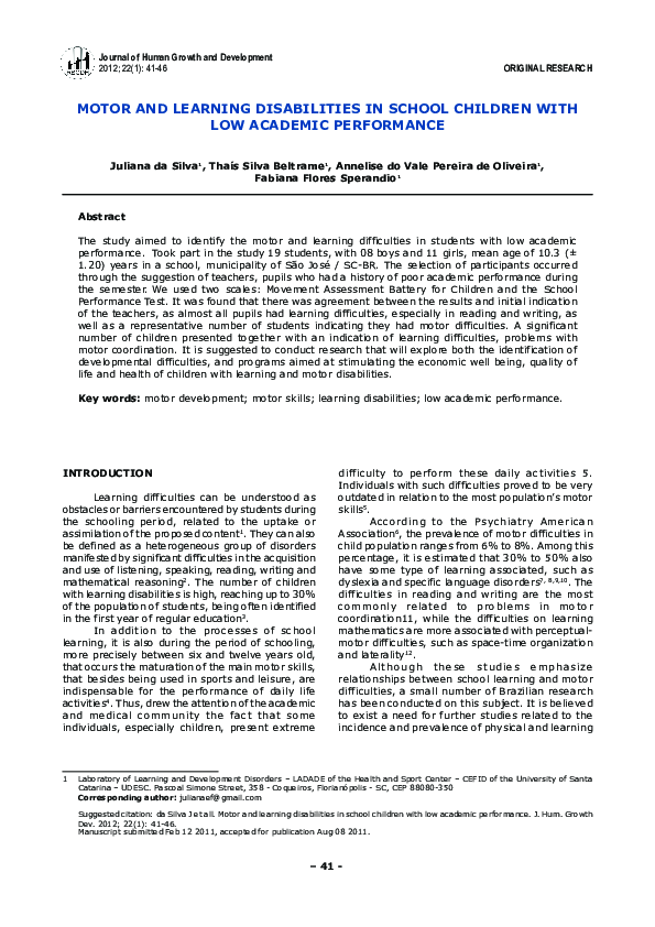 (PDF) Motor and learning disabilities in school children with low ...