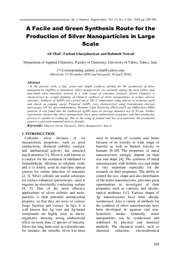 (PDF) A Facile and Green Synthesis Route for the Production of Silver ...