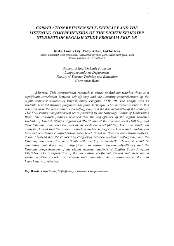 (PDF) Correlation Between Self-efficacy And The Listening Comprehension ...