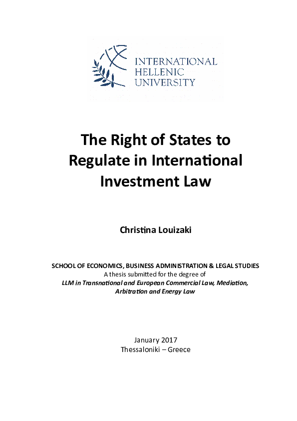(PDF) The Right of States to Regulate in International Investment Law