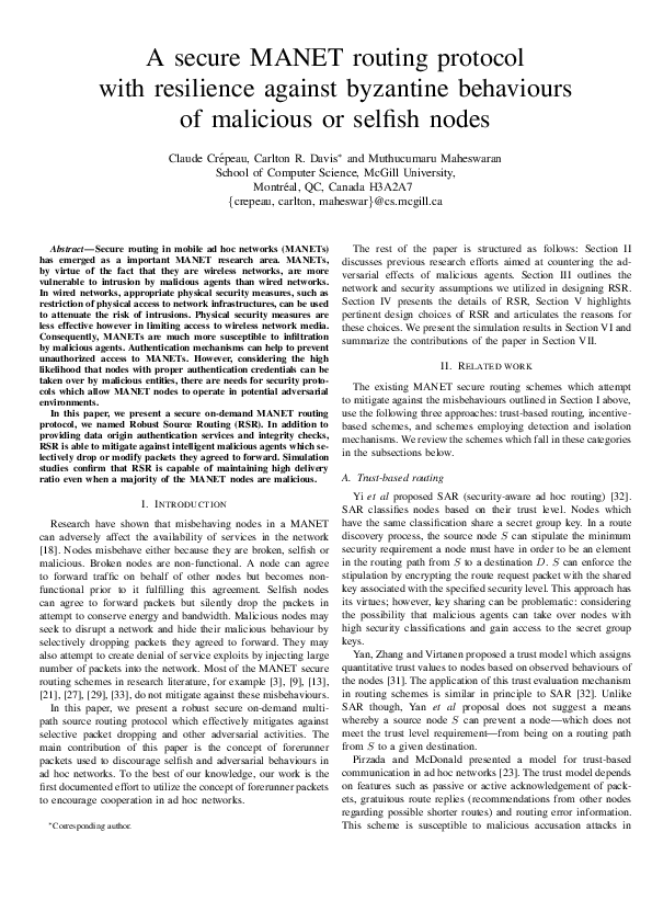 (PDF) A Secure MANET Routing Protocol with Resilience against Byzantine ...