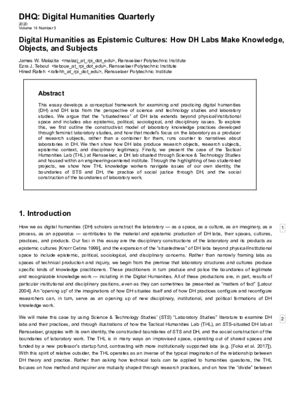 (PDF) Digital Humanities as Epistemic Cultures: How DH Labs Make ...