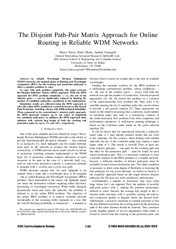 (PDF) The disjoint path-pair matrix approach for online routing in ...